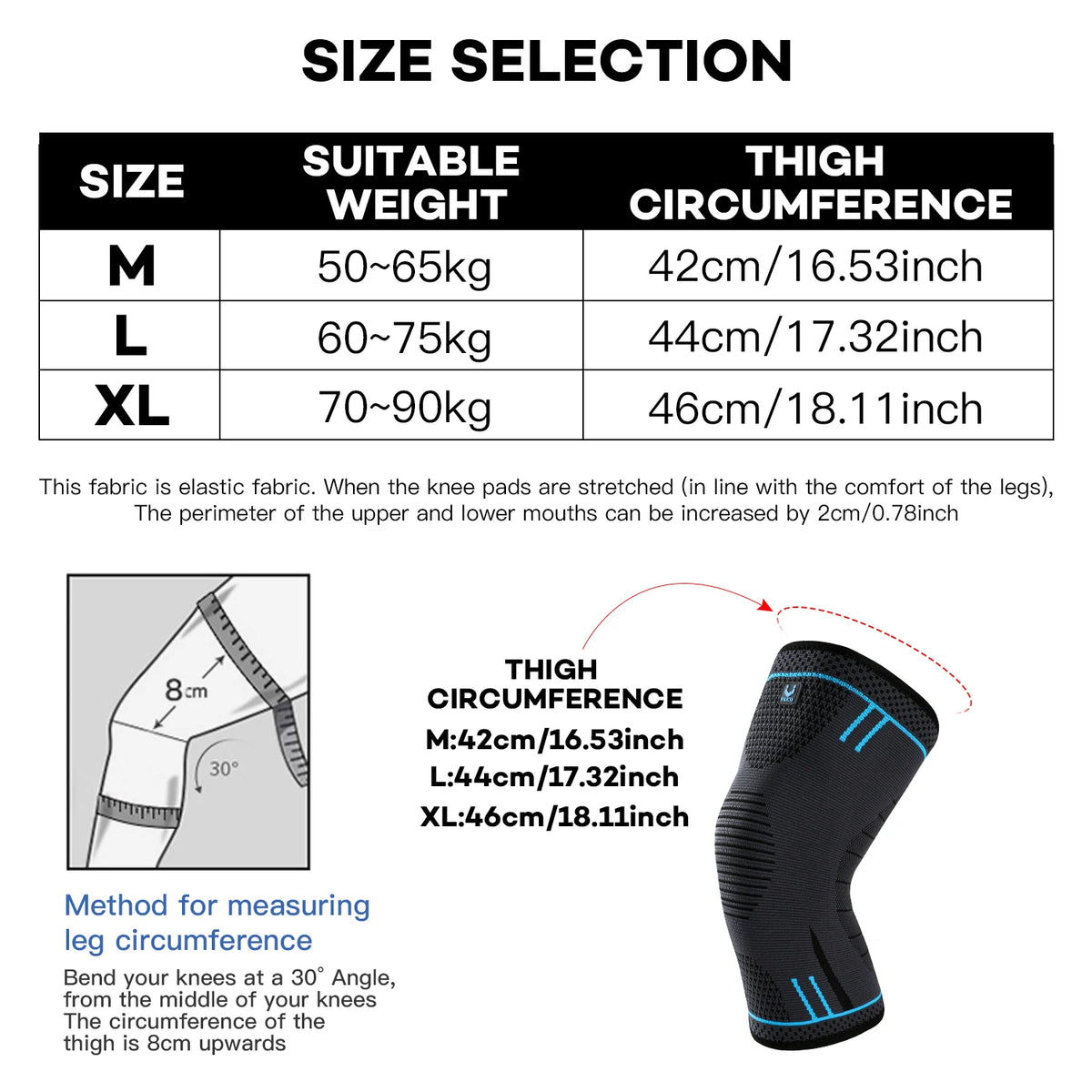 Black compression knee support sleeve shown with measurements and usage instructions.