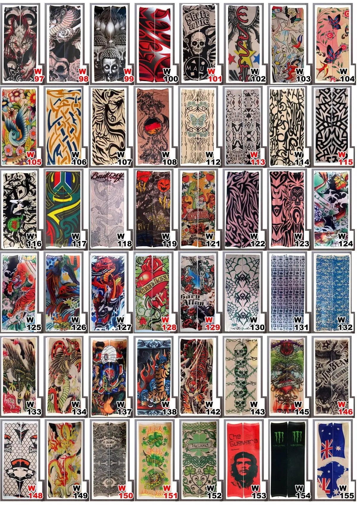 Colección de 26 mangas de tatuaje sin costuras para protección solar, con diseños y colores intrincados.