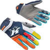A pair of heavy duty full finger off-road motorcycle gloves in blue, gray, and orange colors.