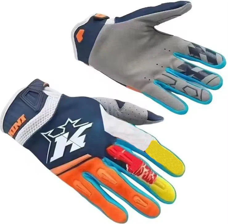 A pair of heavy duty full finger off-road motorcycle gloves in blue, gray, and orange colors.