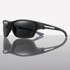 A pair of black polarized cycling sunglasses shown in two views.