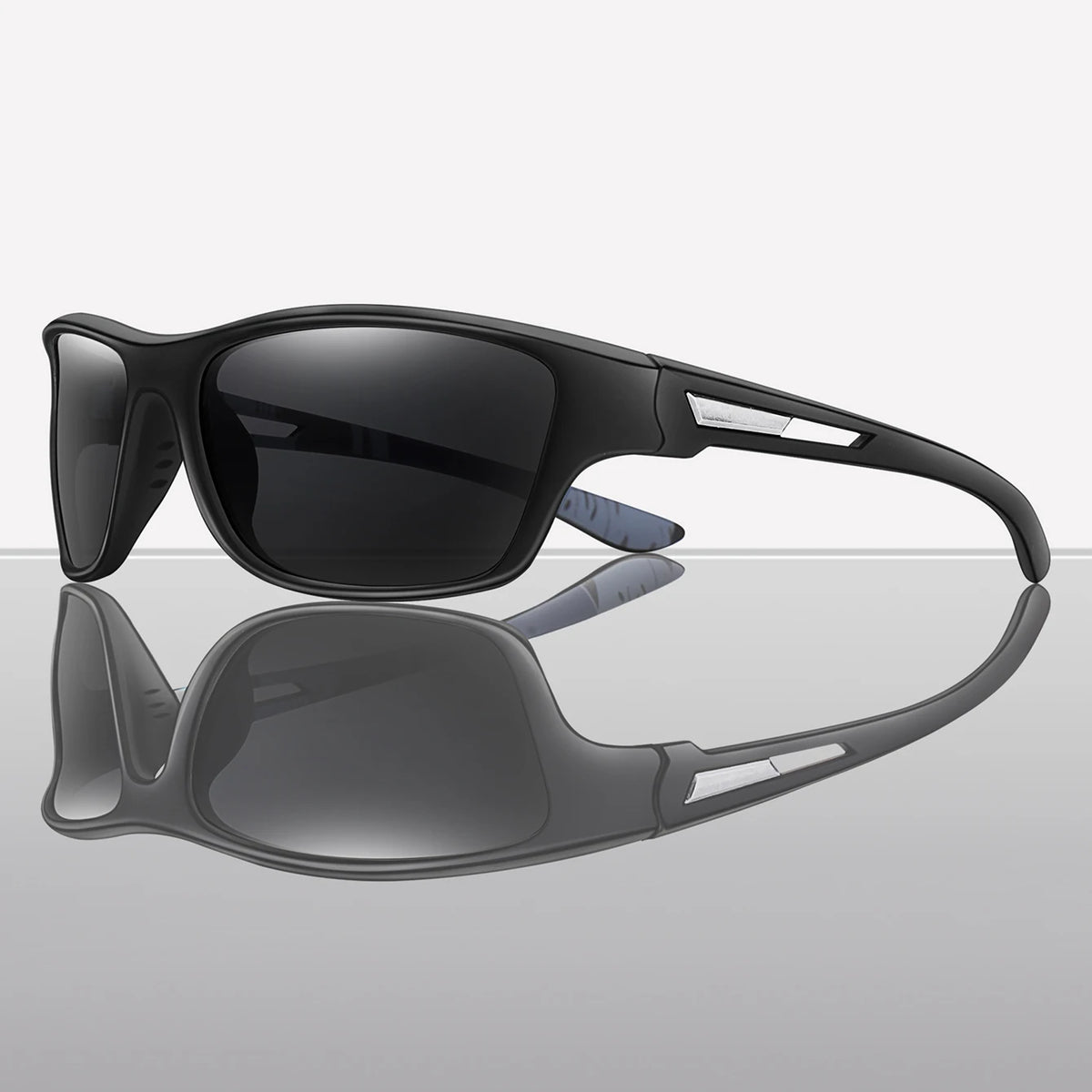 A pair of black polarized cycling sunglasses shown in two views.