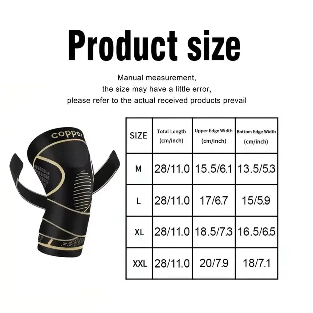Tabla que muestra las tallas de soportes para la rodilla de cobre en M, L, XL y XXL con sus respectivas longitudes y anchos.