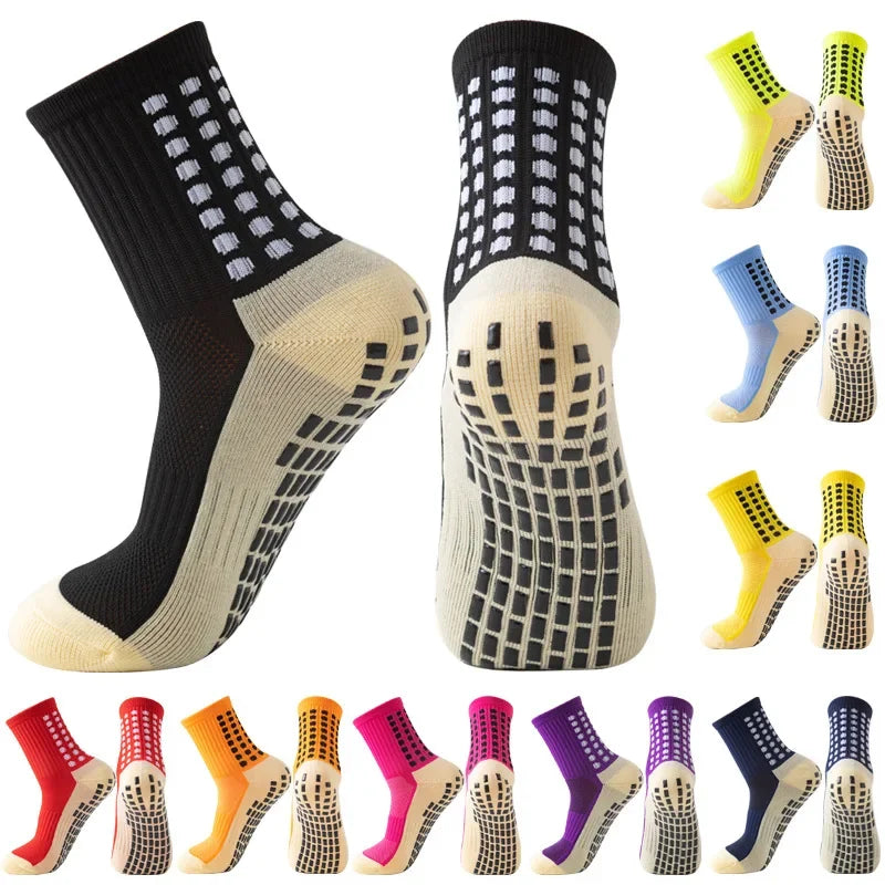 A variety of performance sports grip socks in black, yellow, and blue patterns shown from various angles.