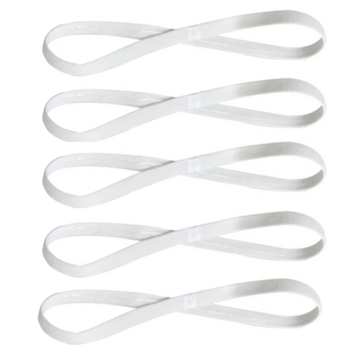 A set of five white multi-functional elastic sports headbands shown individually.
