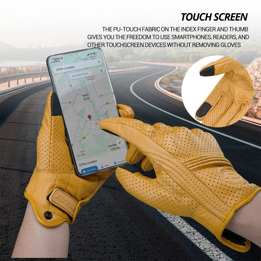 Yellow PU-touch fabric gloves used to operate smartphones and other touchscreen devices while riding a motorcycle.