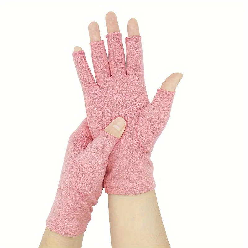A pair of pink fingerless breathable gloves worn on a hand.