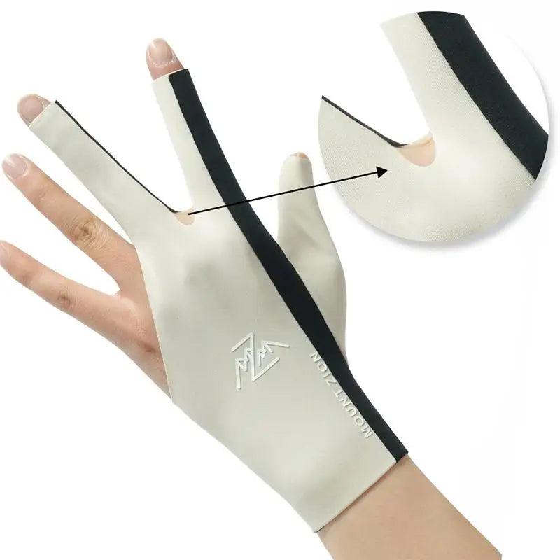 A hand wearing a white breathable billiard playing glove with black accents, shown in a close-up view.