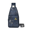 A dark blue leather mens crossbody bag with a silver buckle and zipper detail.