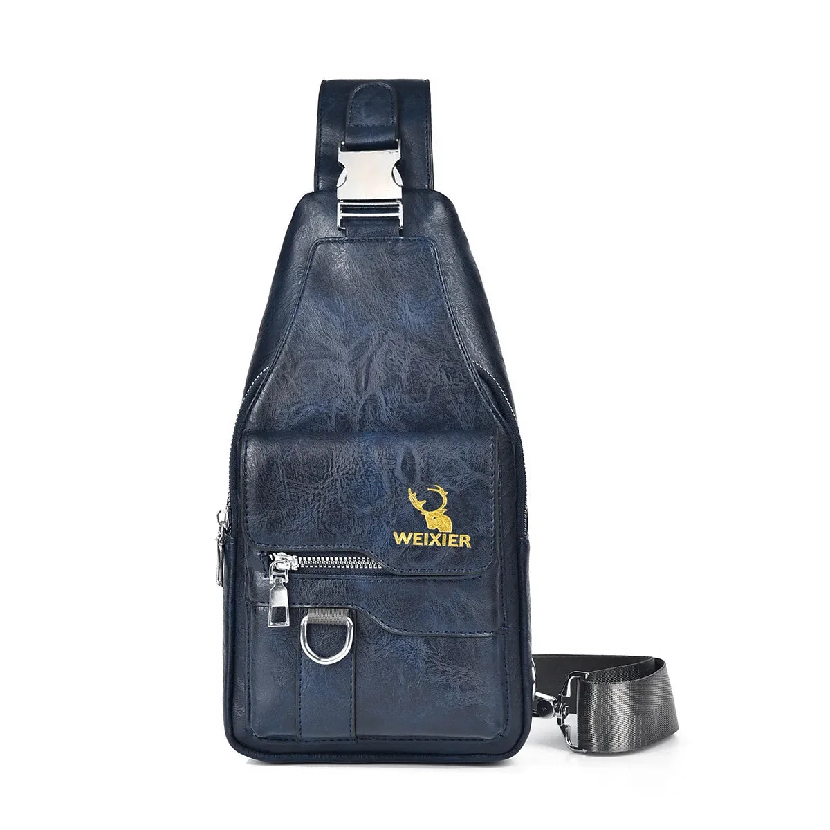 A dark blue leather mens crossbody bag with a silver buckle and zipper detail.