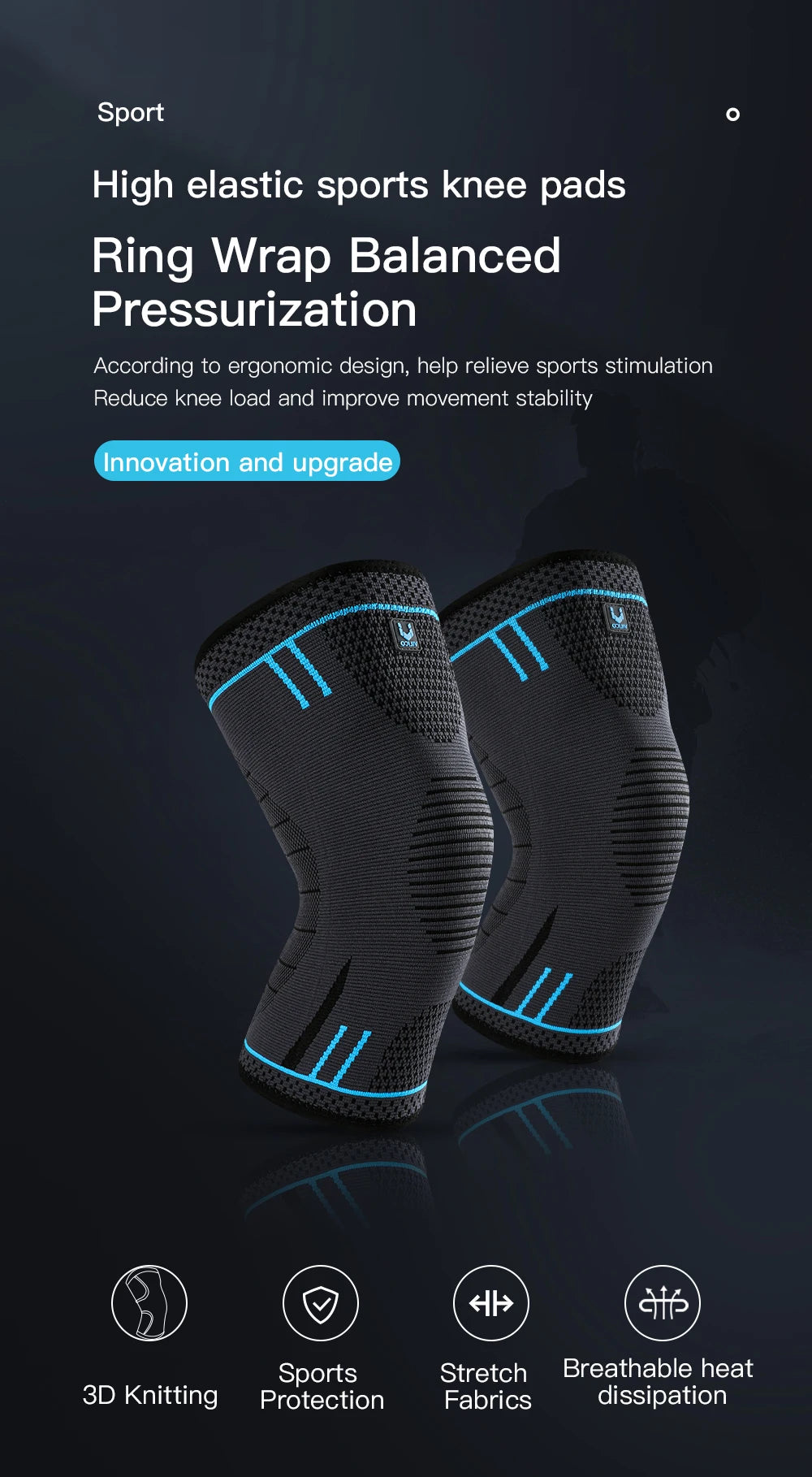 A pair of black elastic sports knee pads or compression sleeves shown against a dark background.