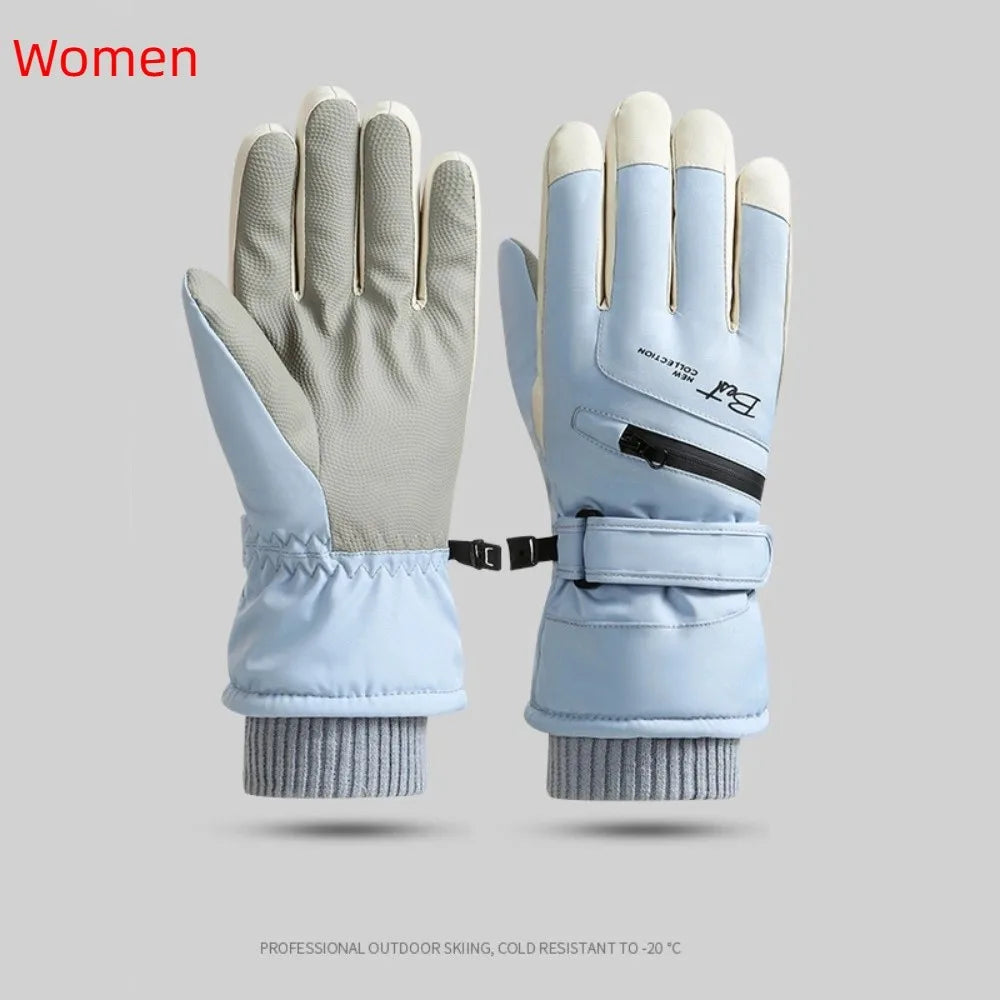 A pair of light blue thermal winter ski and riding gloves with beige palms and knitted cuffs.