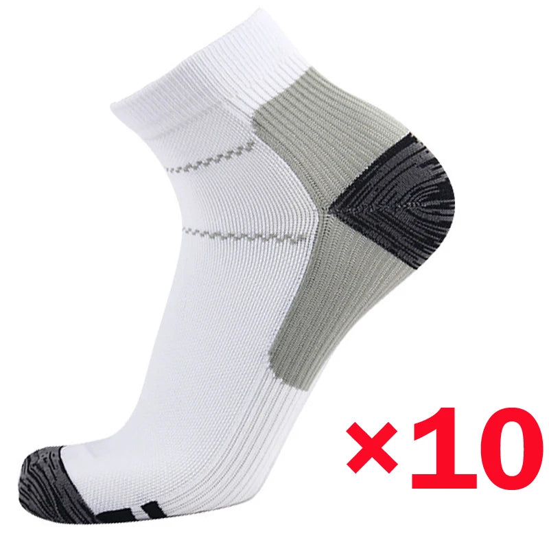 Ten pairs of white and gray ankle compression socks for foot pain relief