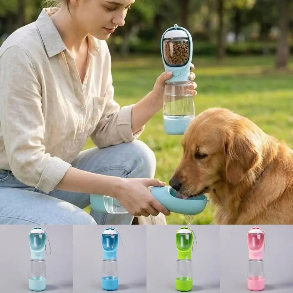 A woman feeds a dog using a 3-in-1 portable pet water and food dispenser with various colored bottles.