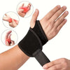 A black adjustable wrist support brace is shown on a hand, with inset images demonstrating its application for pain relief.