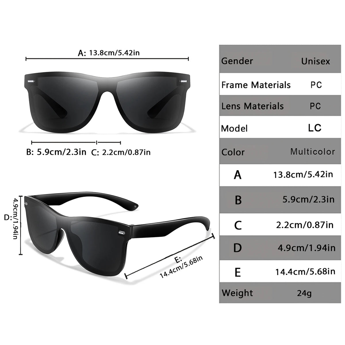 A set of black frameless sport sunglasses with various measurements and materials listed.