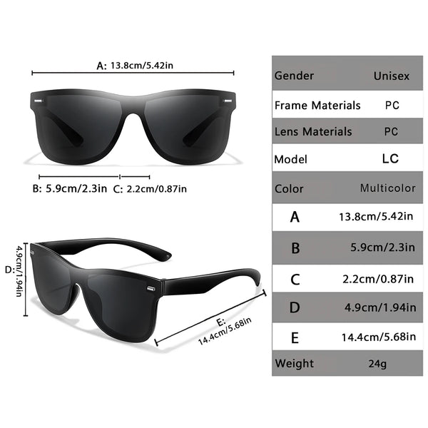 A set of black frameless sport sunglasses with various measurements and materials listed.