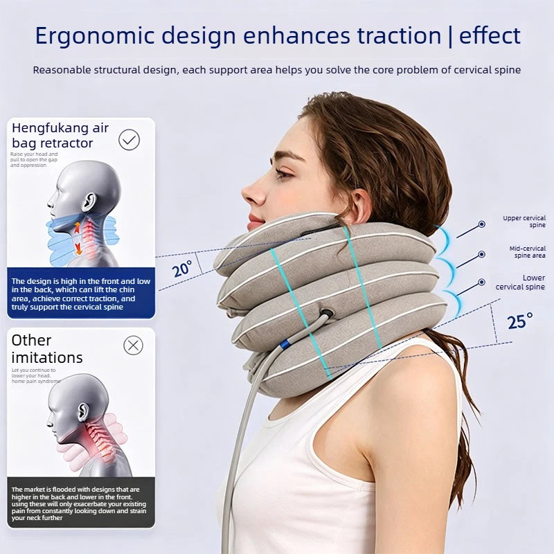 Una mujer lleva un collar de tracción con almohada ergonómica para la columna cervical.