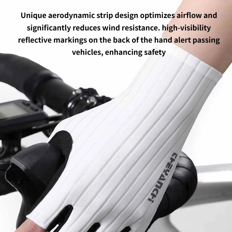 White half finger cycling gloves with black accents worn on a hand.