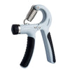 A light gray adjustable hand grip strengthener with a coiled spring and black grips.