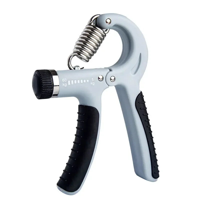 A light gray adjustable hand grip strengthener with a coiled spring and black grips.