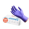 Un gant de nitrile violet porté, à côté de sa boîte d'emballage pour 100 pièces.