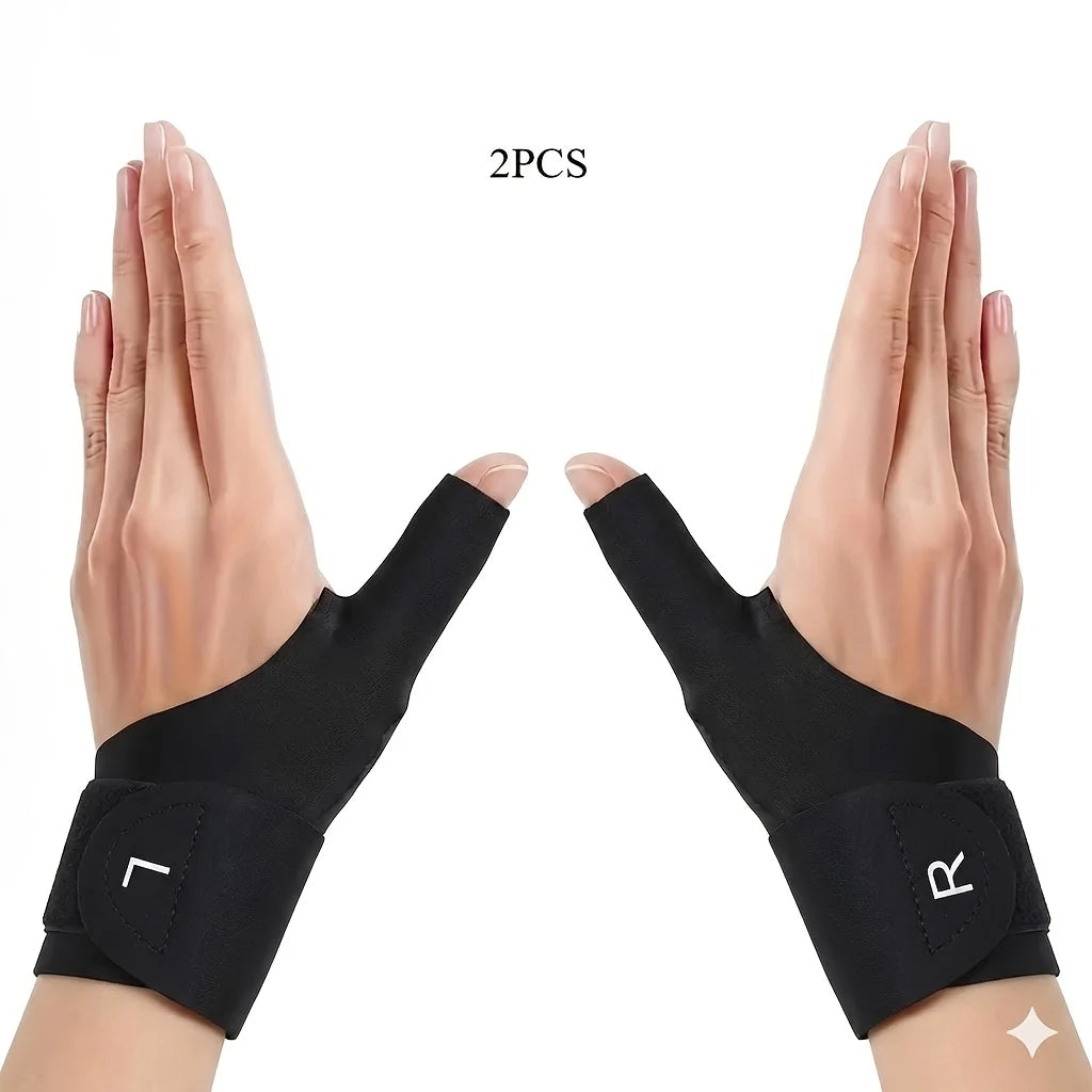 Par de pulseras ergonómicas negras para escribir y tareas repetitivas mostradas en las manos