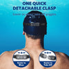 A person is wearing a black detachable clasp on their head, demonstrating how to easily wear and take off swimming goggles.