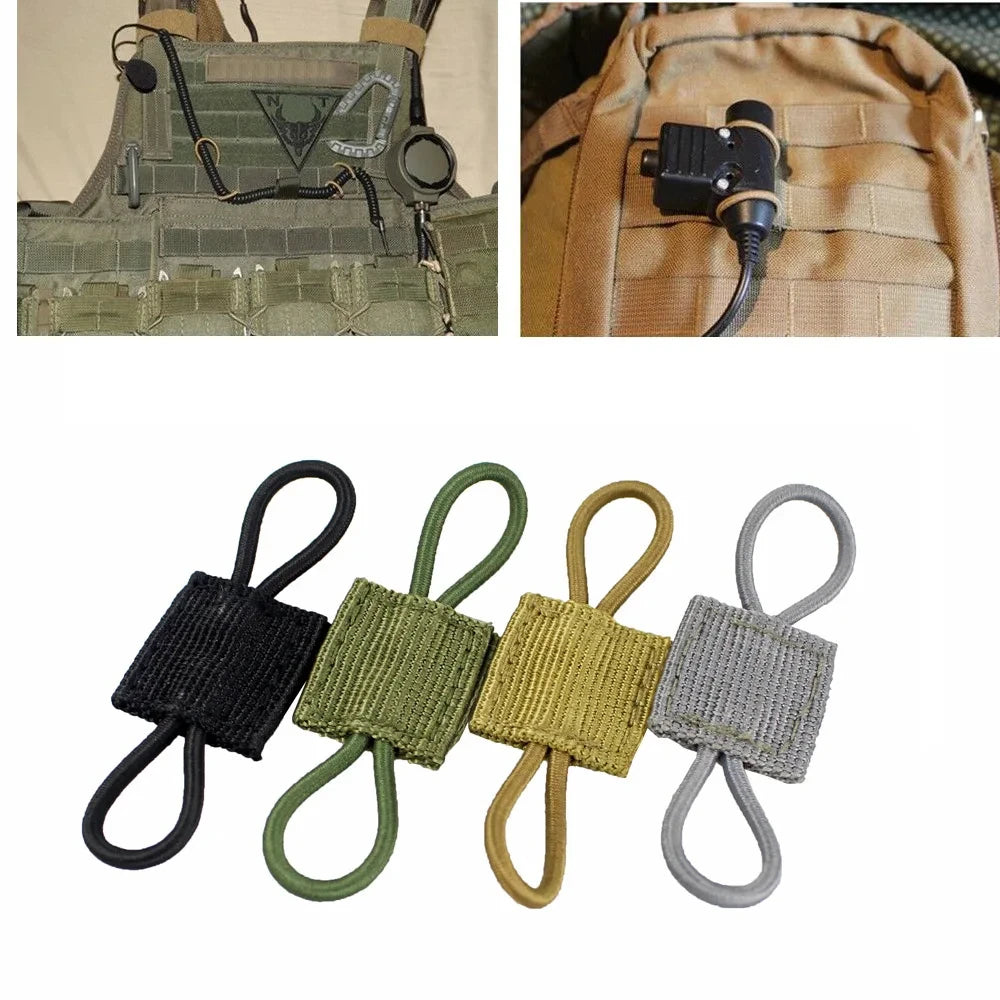 A multi-pack of tactical antenna binding buckles in black, olive green, yellow, and gray.