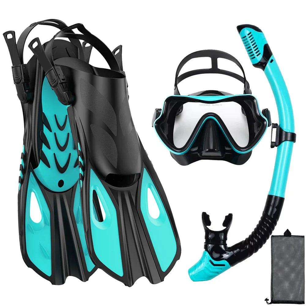 Premium 3-in-1 Snorkeling Set with Panoramic Mask, Dry Snorkel, and Adjustable Fins