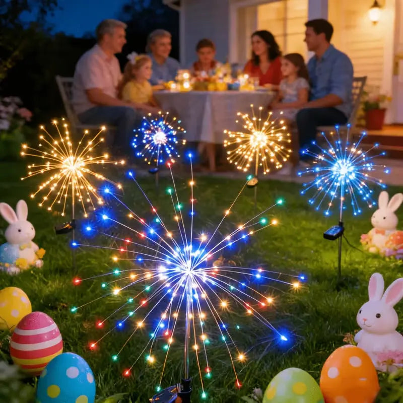 Una brillante exhibición de luces de hadas de varios colores disparándose hacia arriba en el jardín, iluminando a una familia