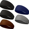 Una colección de cinco bandas para la cabeza deportivas de silicona en colores negro, azul oscuro, gris y marrón.