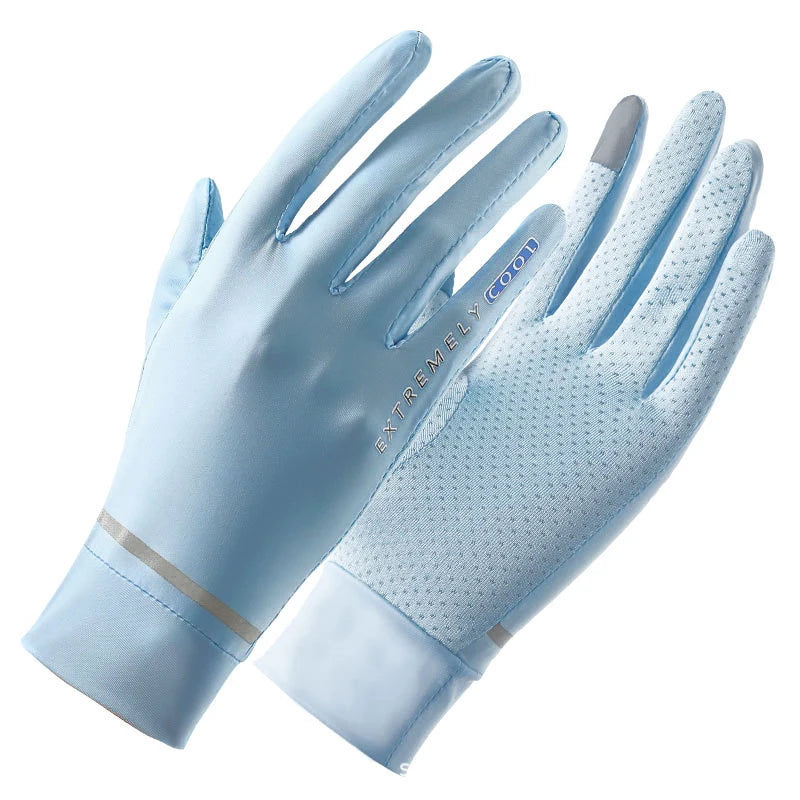 Guantes de ciclismo para proteger del sol, color azul claro, mostrados planos