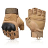 A pair of tan tactical five-finger gloves shown from the back and side.