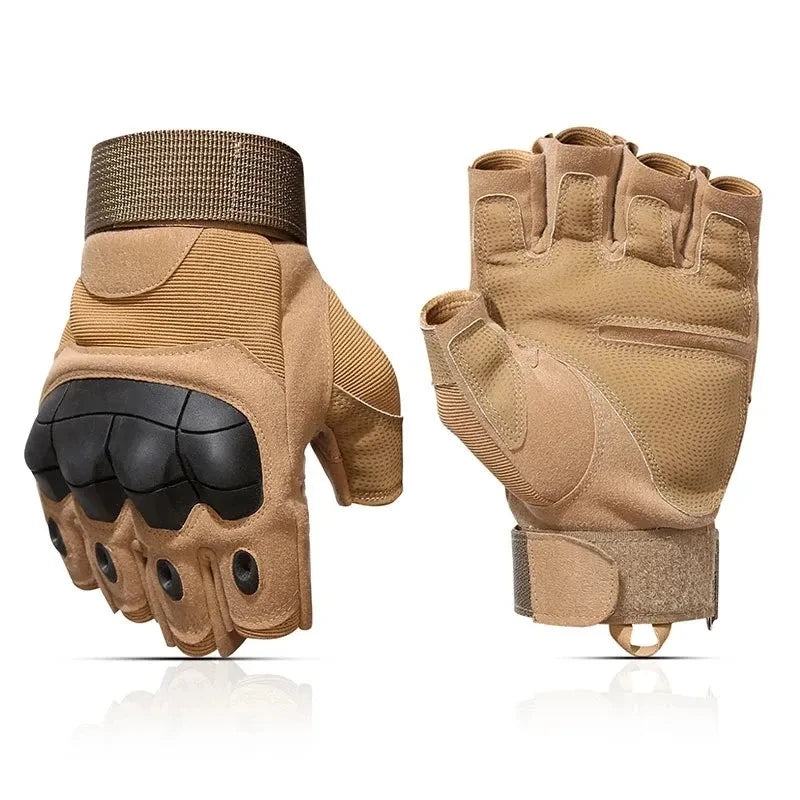 A pair of tan tactical five-finger gloves shown from the back and side.