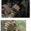 Close-up of a person wearing olive green protective training gloves in a military context.