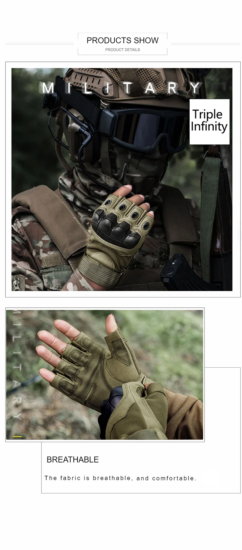 Close-up of a person wearing olive green protective training gloves in a military context.