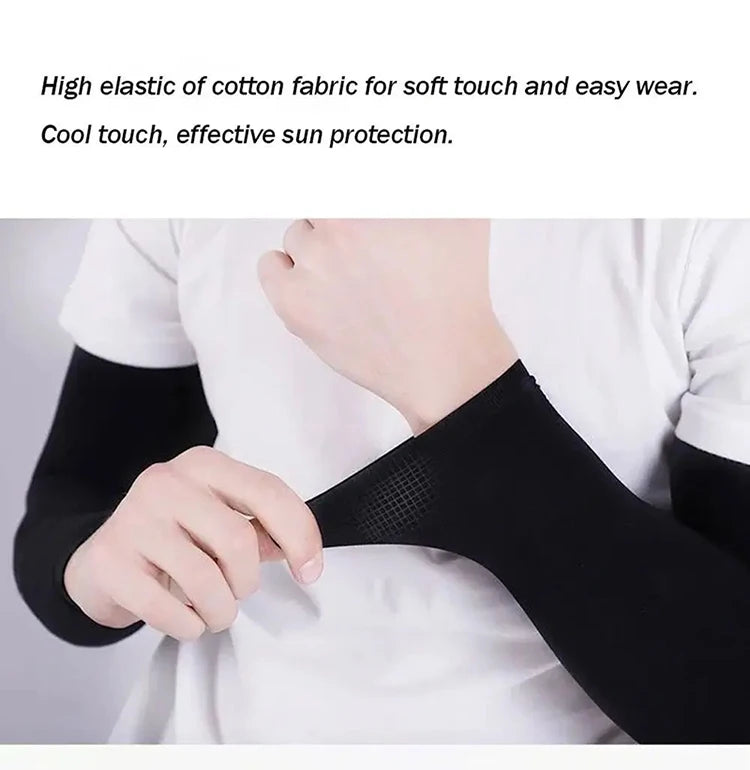 A person is wearing black, high-elastic cotton fabric arm sleeves for sun protection.