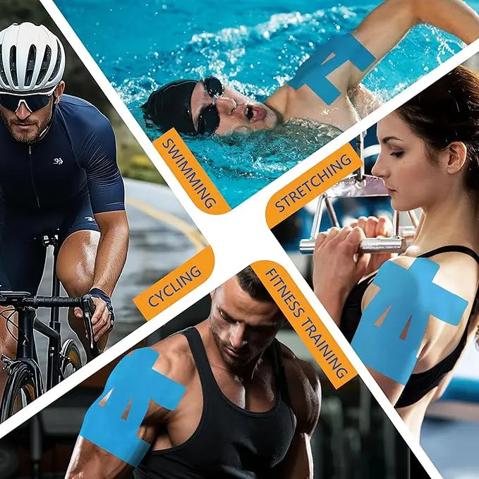 Collage von Menschen, die verschiedene Fitness-Aktivitäten wie Schwimmen, Dehnen, Radfahren und Training ausüben.