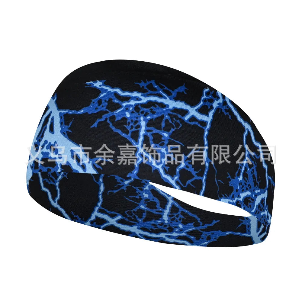 Black elastic sports headband with blue lightning bolt pattern