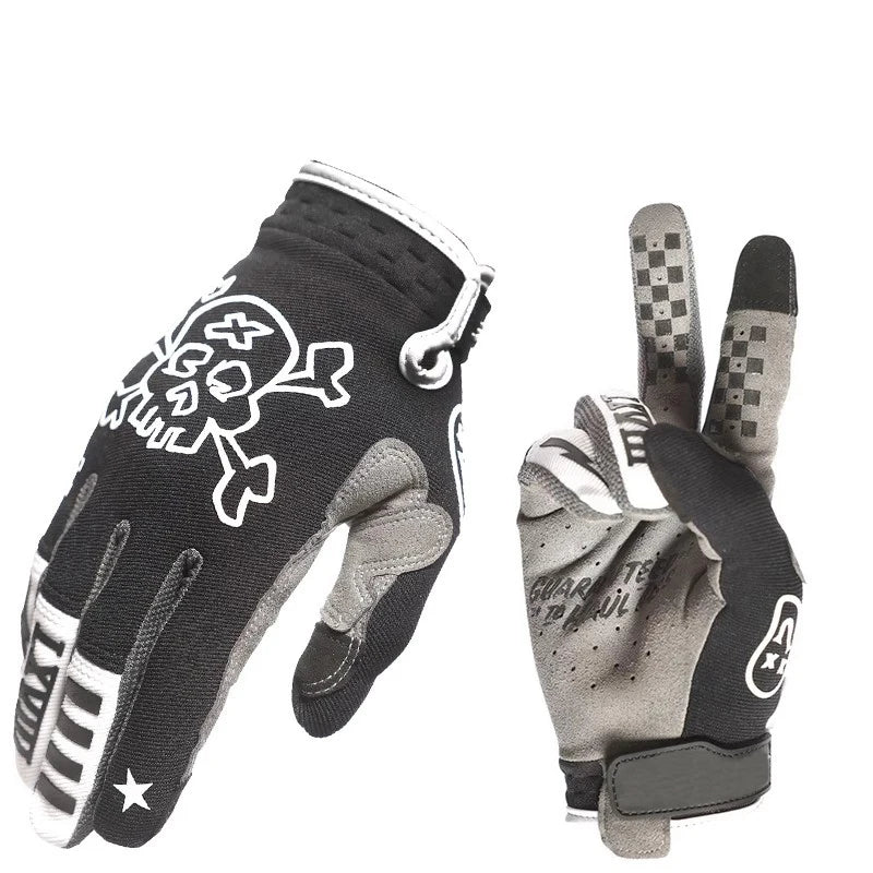 A pair of black cycling gloves with white skull designs shown from the palm side.