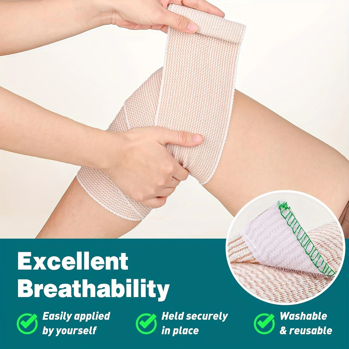 Hands applying a beige hook and loop elastic compression wrap to a leg, highlighting its breathability and ease of use.
