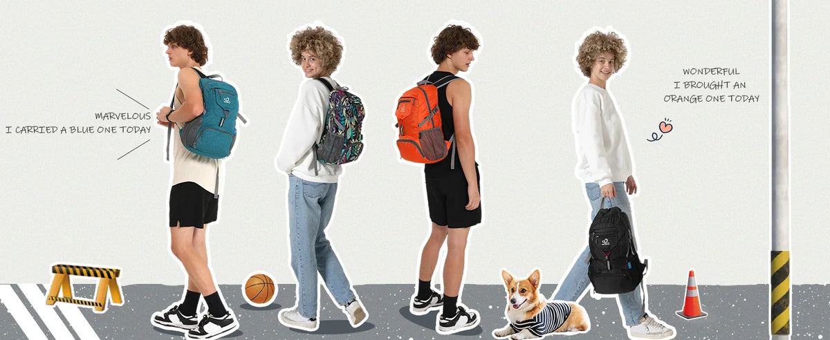 Four people are shown carrying an Ultra-Light Foldable Travel Backpack in various colors and contexts.