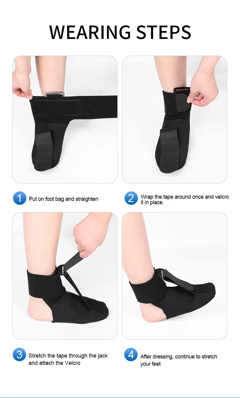 Instructions showing the steps to wear an adjustable ankle brace for foot pain relief