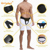 A man demonstrates the use of an inguinal hernia support belt, showing various features and application points.