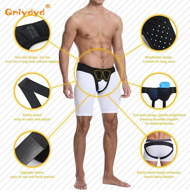 A man demonstrates the use of an inguinal hernia support belt, showing various features and application points.