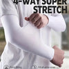 White compression arm sleeves being stretched on an arm, demonstrating a 4-way super stretch and fit for all sizes.