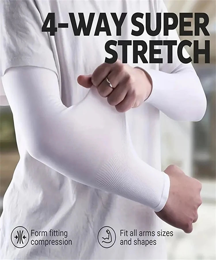White compression arm sleeves being stretched on an arm, demonstrating a 4-way super stretch and fit for all sizes.