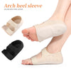 A beige velcro arch heel sleeve is shown on a foot, demonstrating its use for pain relief.