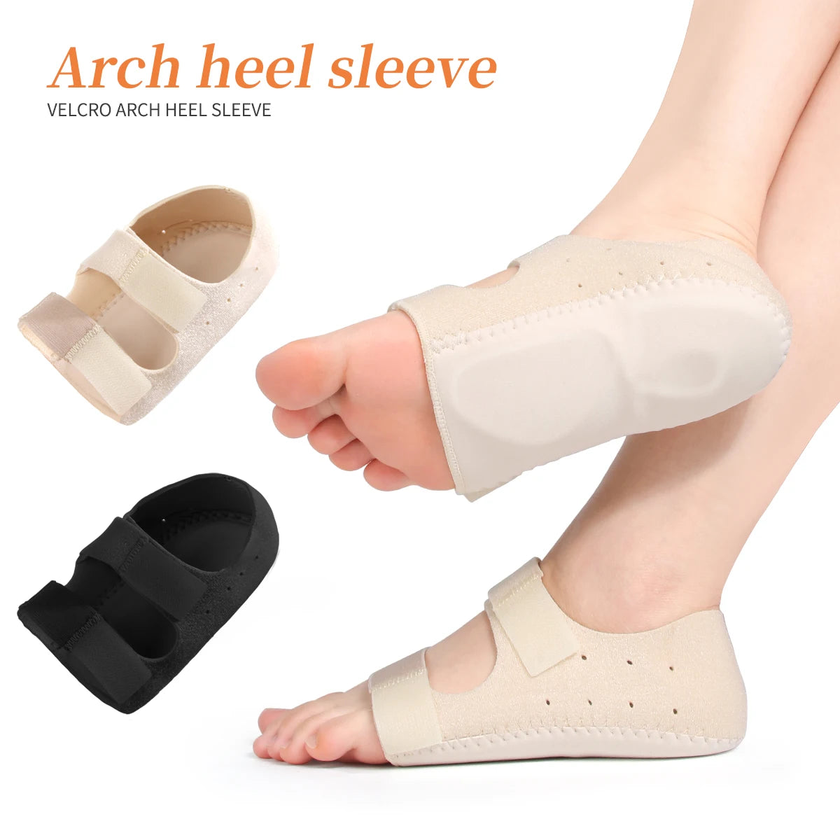 A beige velcro arch heel sleeve is shown on a foot, demonstrating its use for pain relief.